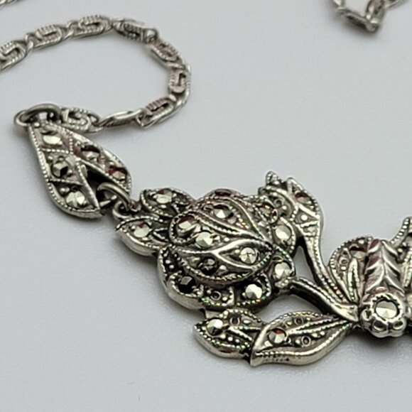 Vtg. Signed Germany Sterling Silver 925 Marcasite Floral Plaque Necklace 15 Inch - Picture 4 of 9